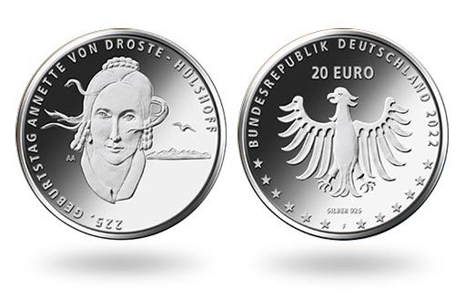 Аннетт фон Дросте-Хюльсхофф на серебряных монетах Германии